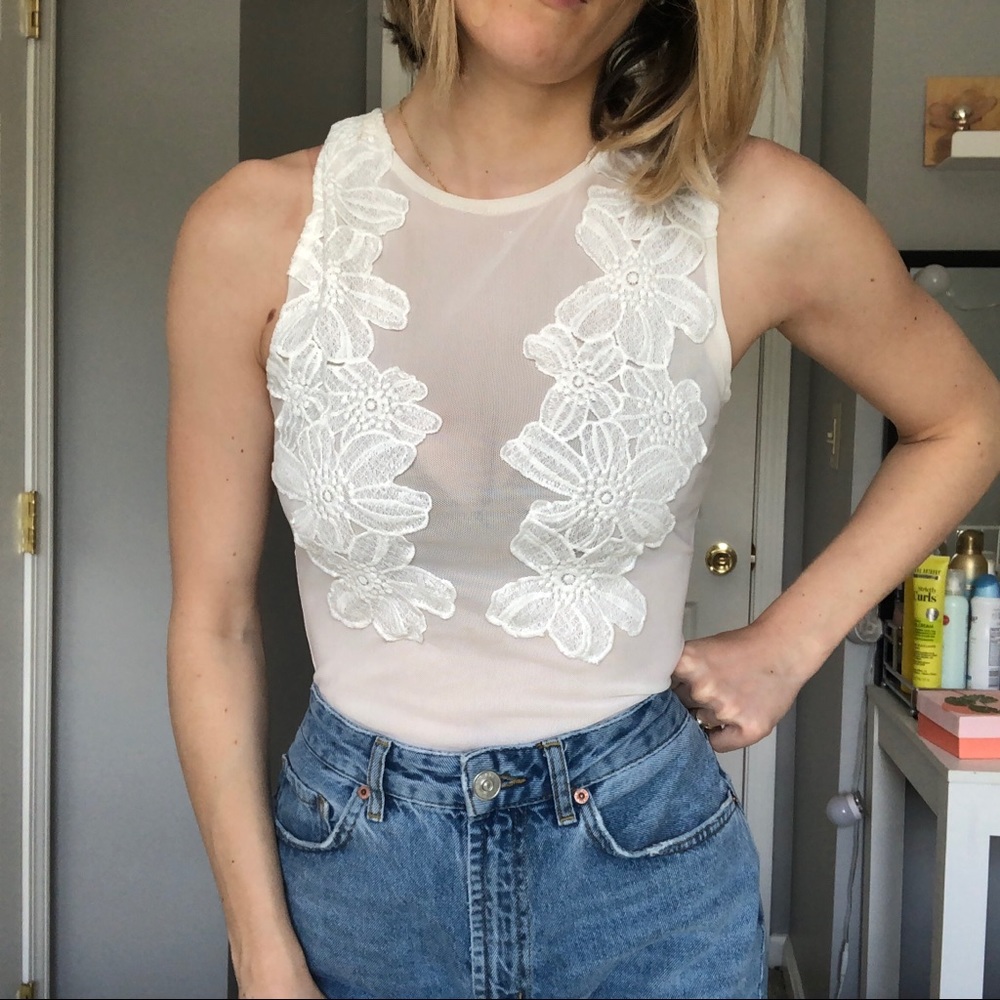 White Sheer floral bodysuit